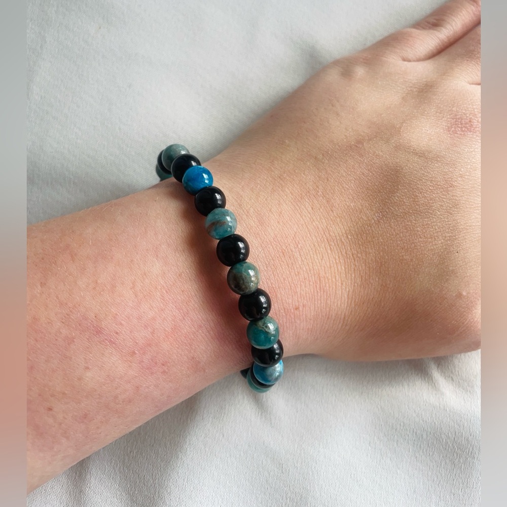 Handmade blue apatite and black glass beaded bracelet
